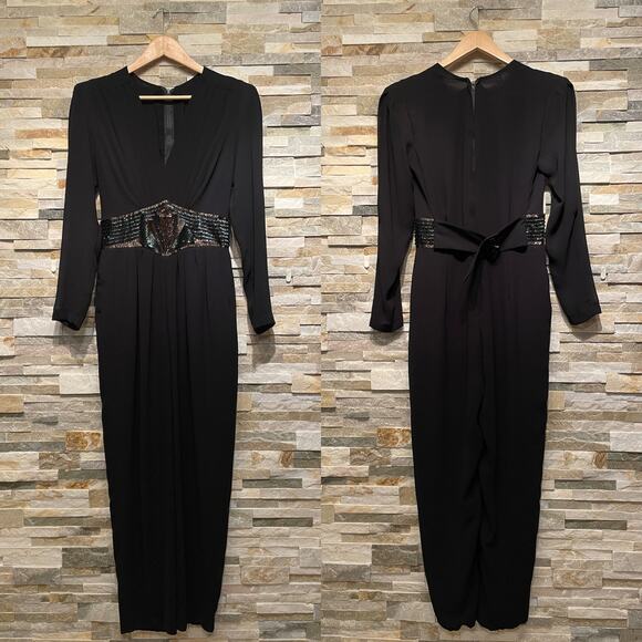 Vintage Black Sequin Waist Jumpsuit | Sheer Sleeve, V-Neck, Pockets, Formal Glam - Picture 3 of 11